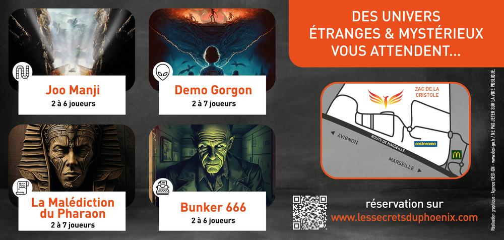 Une affiche promotionnelle pour des jeux d'évasion, présentant quatre thèmes (Joo Manji, Demo Gorgon, La Malédiction du Pharaon, Bunker 666) avec le nombre de joueurs, une carte d'accès et un QR code pour la réservation.