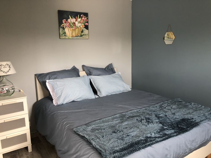 Une chambre à coucher moderne avec un lit double couvert de draps gris et d'un plaid assorti. Une table de chevet avec une lampe est à gauche, un tableau de fleurs est accroché au mur beige, et un miroir hexagonal est sur le mur bleu-gris à droite.