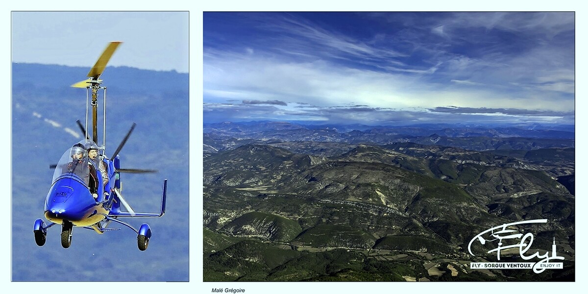 diptyque d'un ULM en vol et d'une photo aérienne des Monts du Vaucluse
