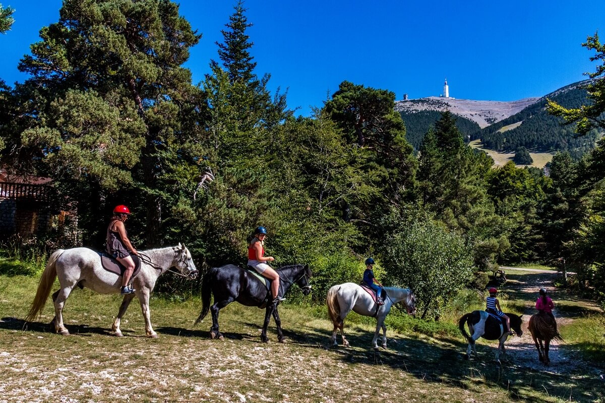un groupe de personnes se baladant à cheval sur les chemins du Mont Ventoux