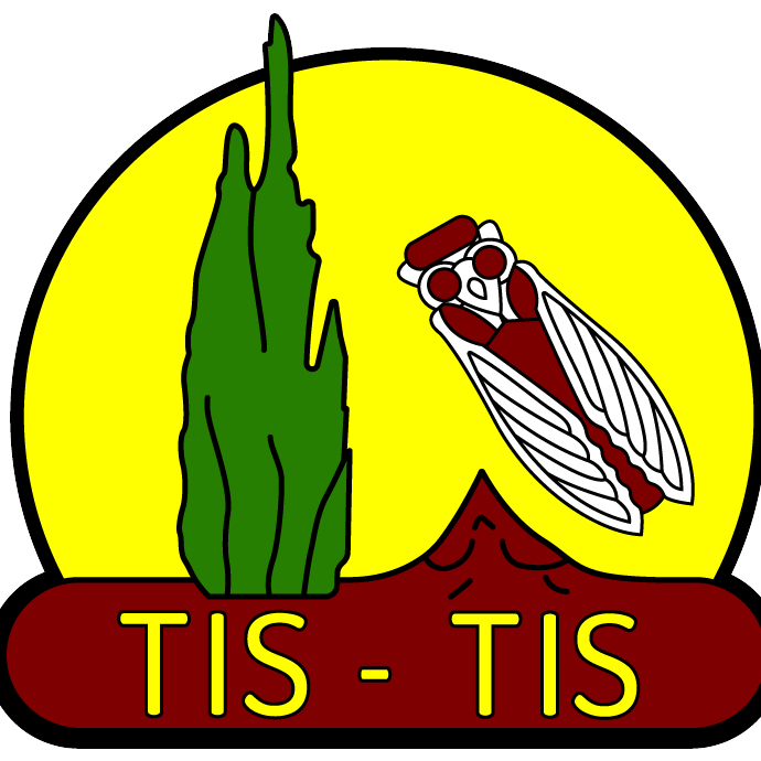 Un écusson jaune et rouge avec une cigale rouge, un cyprès vert et l'inscription "TIS - TIS".