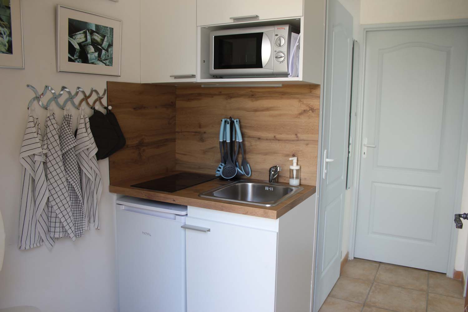 Une petite kitchenette moderne avec un évier en acier inoxydable, une plaque de cuisson, un micro-ondes, un mini-réfrigérateur, et des ustensiles suspendus.