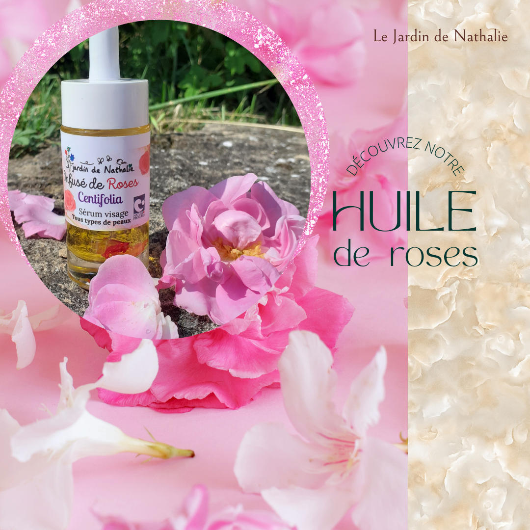 Une affiche publicitaire "Le Jardin de Nathalie" présentant une bouteille de "Huile de roses" entourée de pétales de roses roses sur fond rose pailleté, avec un texte invitant à découvrir l'huile.
