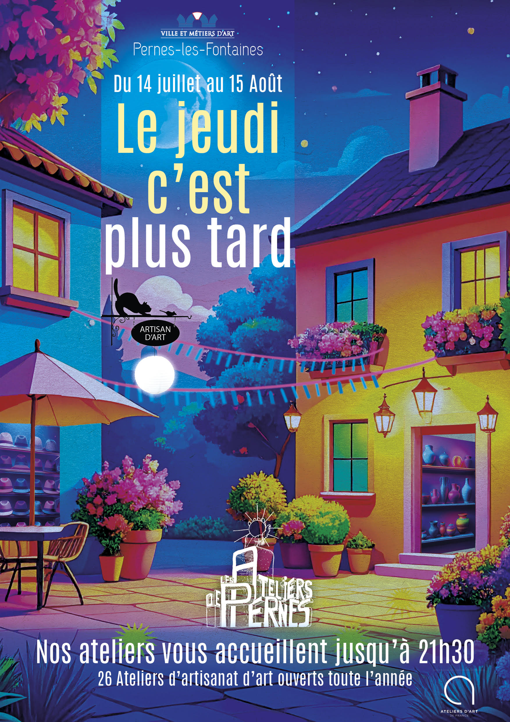 Ambiance estivale et lumineuse à Pernes-les-Fontaines : chaque jeudi soir, les ateliers d’artisanat ouvrent plus tard pour une déambulation conviviale au cœur du village.