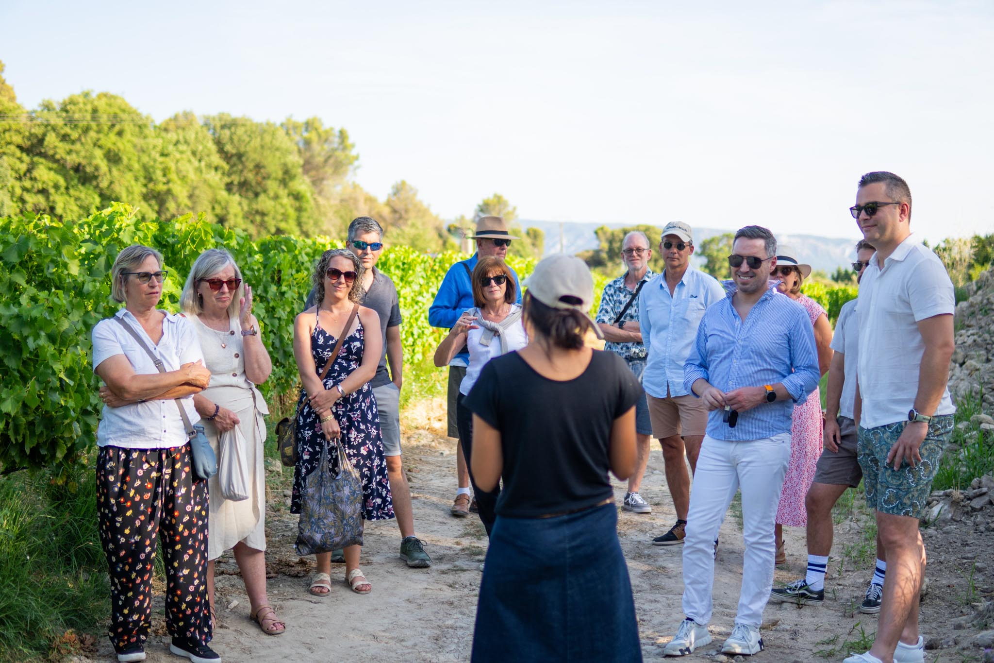 Un groupe de personnes, dont certaines sont des touristes, se tient sur un chemin de terre à côté d'un vignoble et écoute une guide féminine qui leur parle. Les participants sont vêtus de vêtements d'été et certains portent des lunettes de soleil.