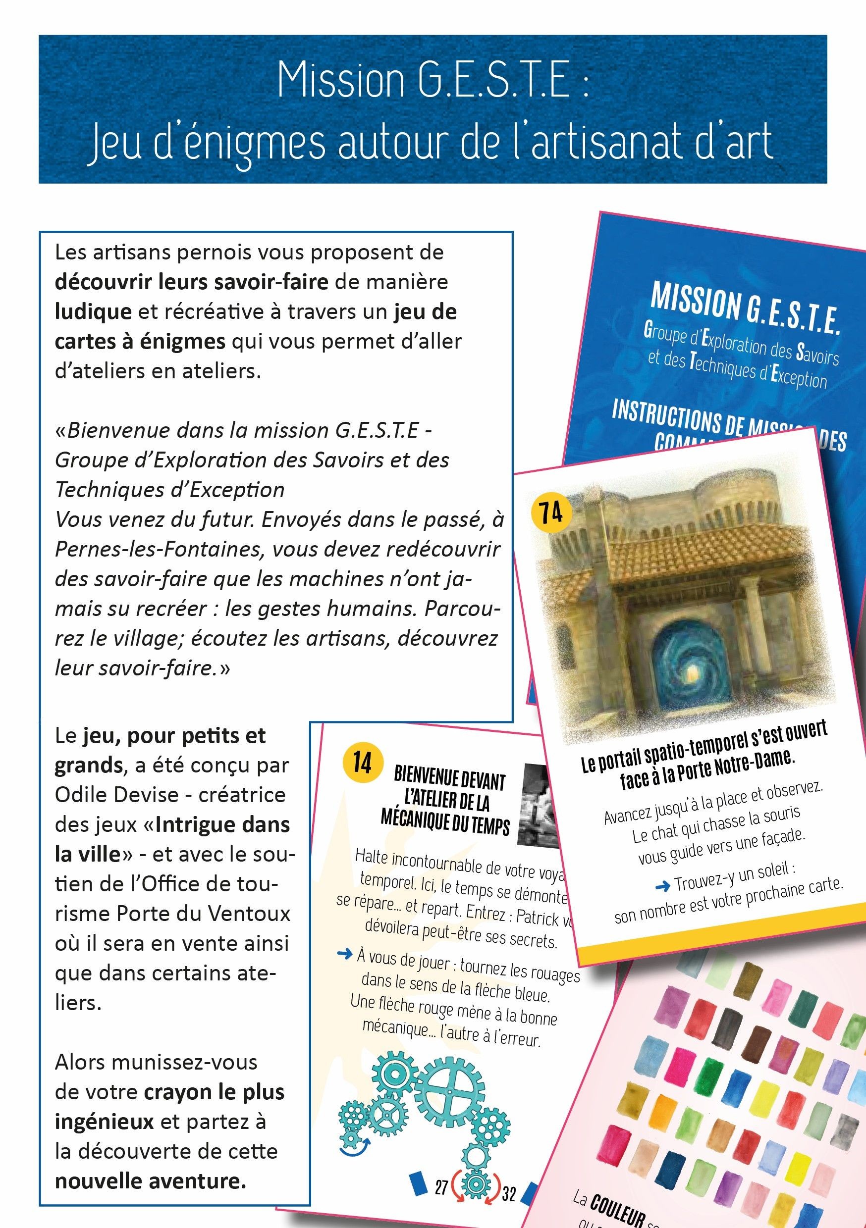 Présentation du jeu d'énigmes sur l'artisanat de Pernes les Fontaines avec la fiche montranr un portail historique