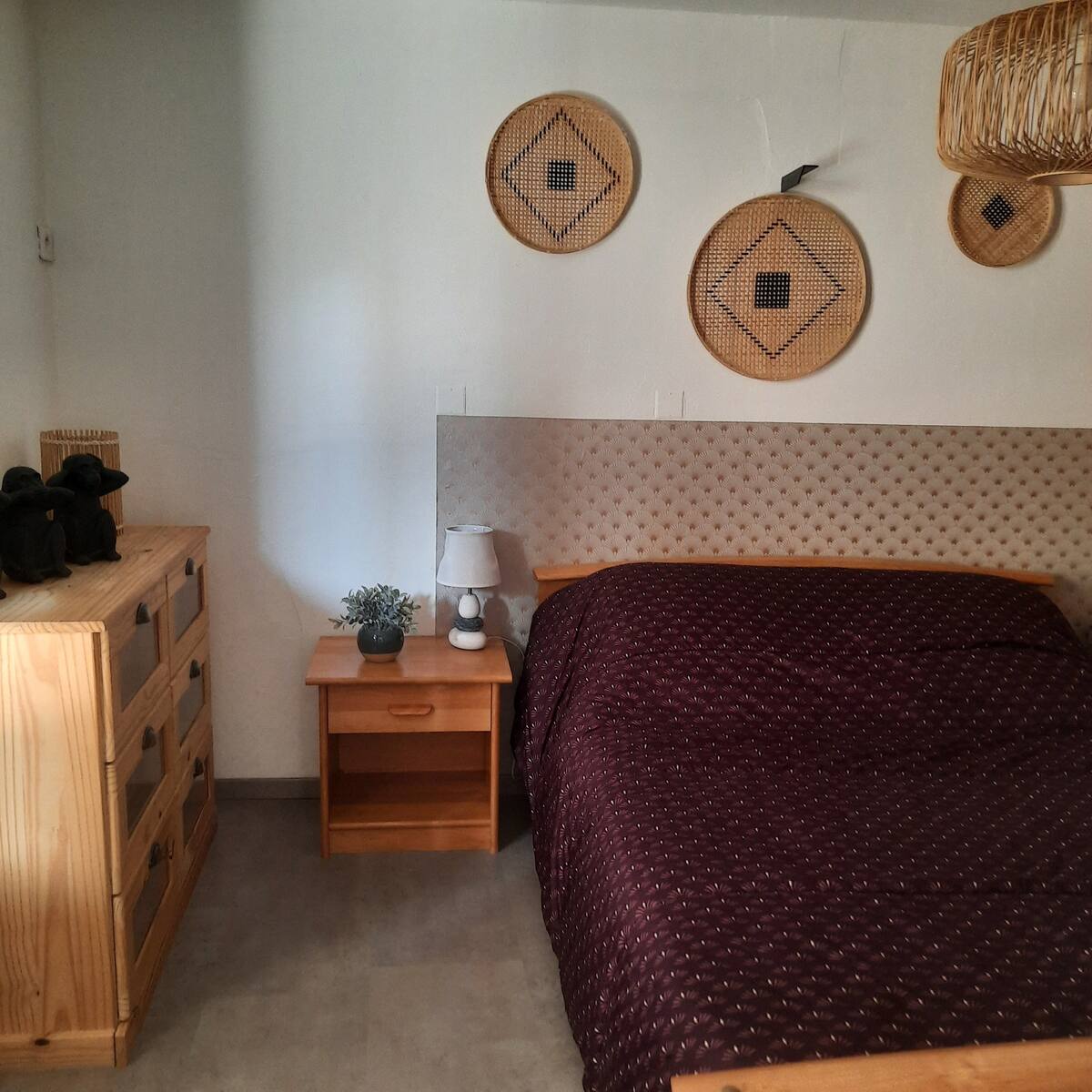 Chambre décoré simplement avec un lit 2 places.
