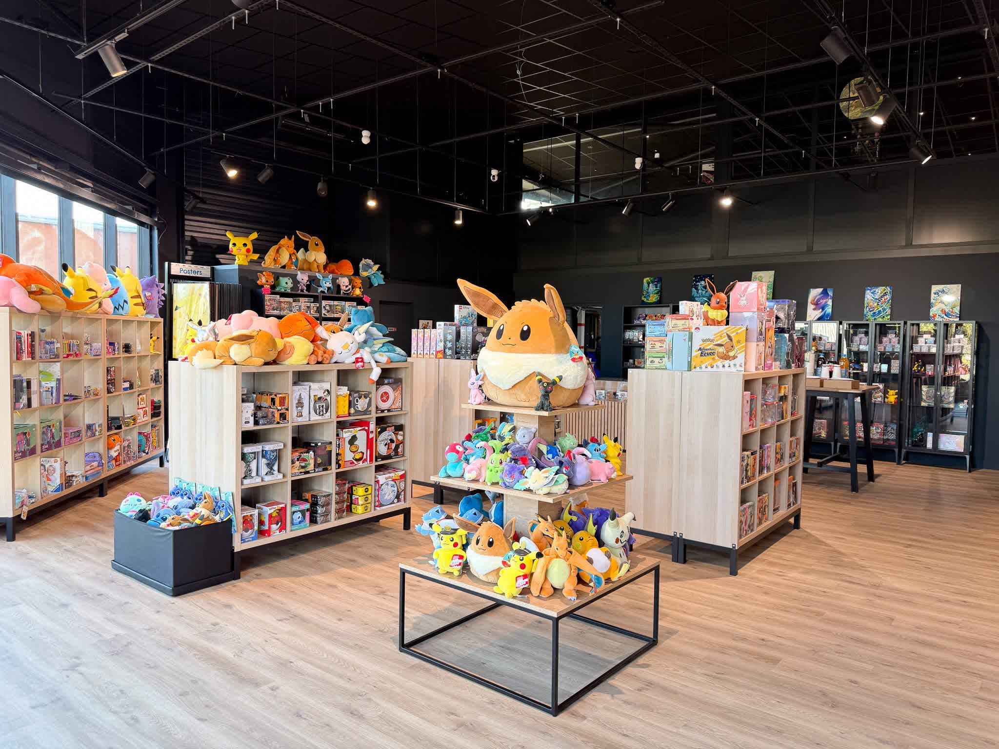 Espace lumineux et bien agencé, rempli de peluches, jeux et figurines Pokémon, offrant une ambiance colorée et conviviale.
