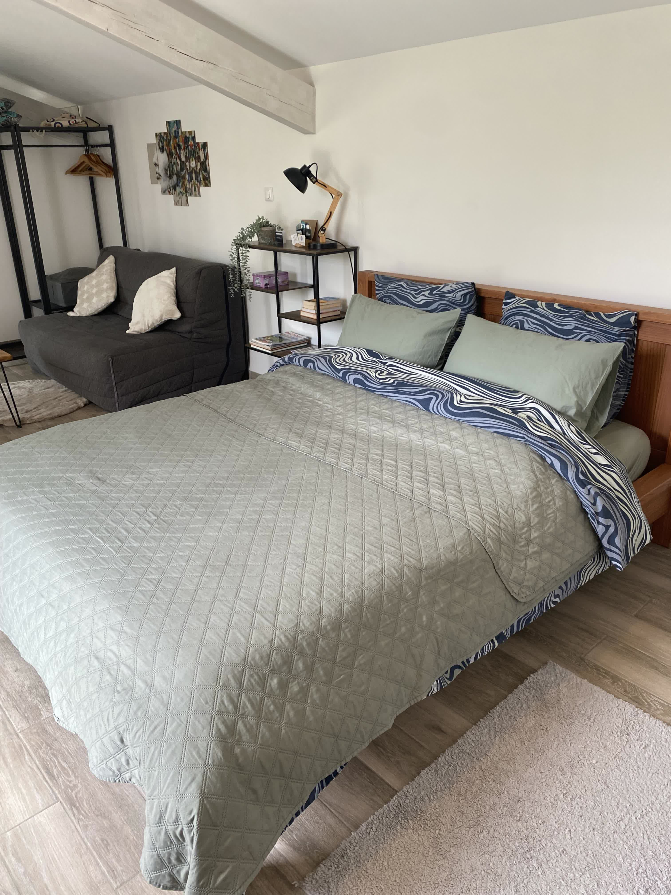 Chambre calme et épurée avec un grand lit double habillé de linge vert, un canapé gris et une décoration contemporaine.