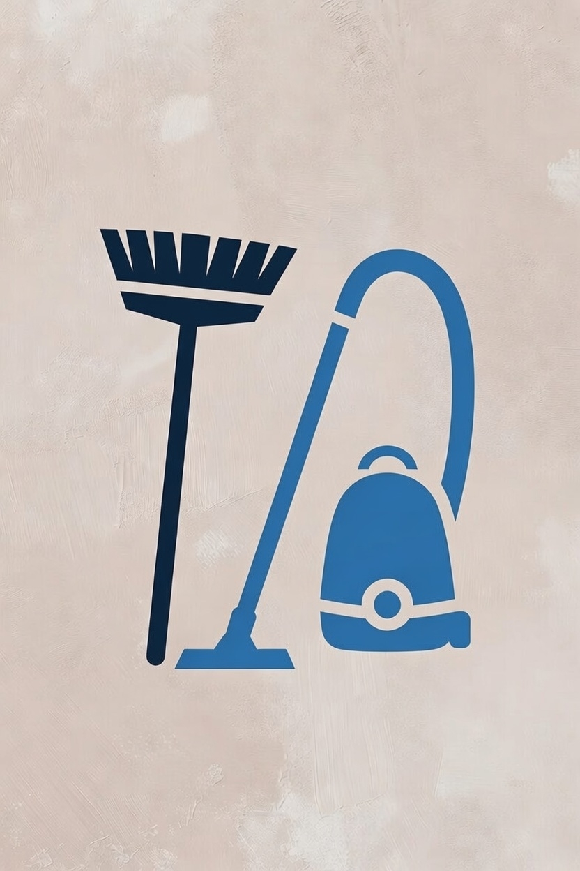 Pictogramme d’un balai et d’un aspirateur, symbolisant le nettoyage, le ménage ou les services d’entretien domestique.
