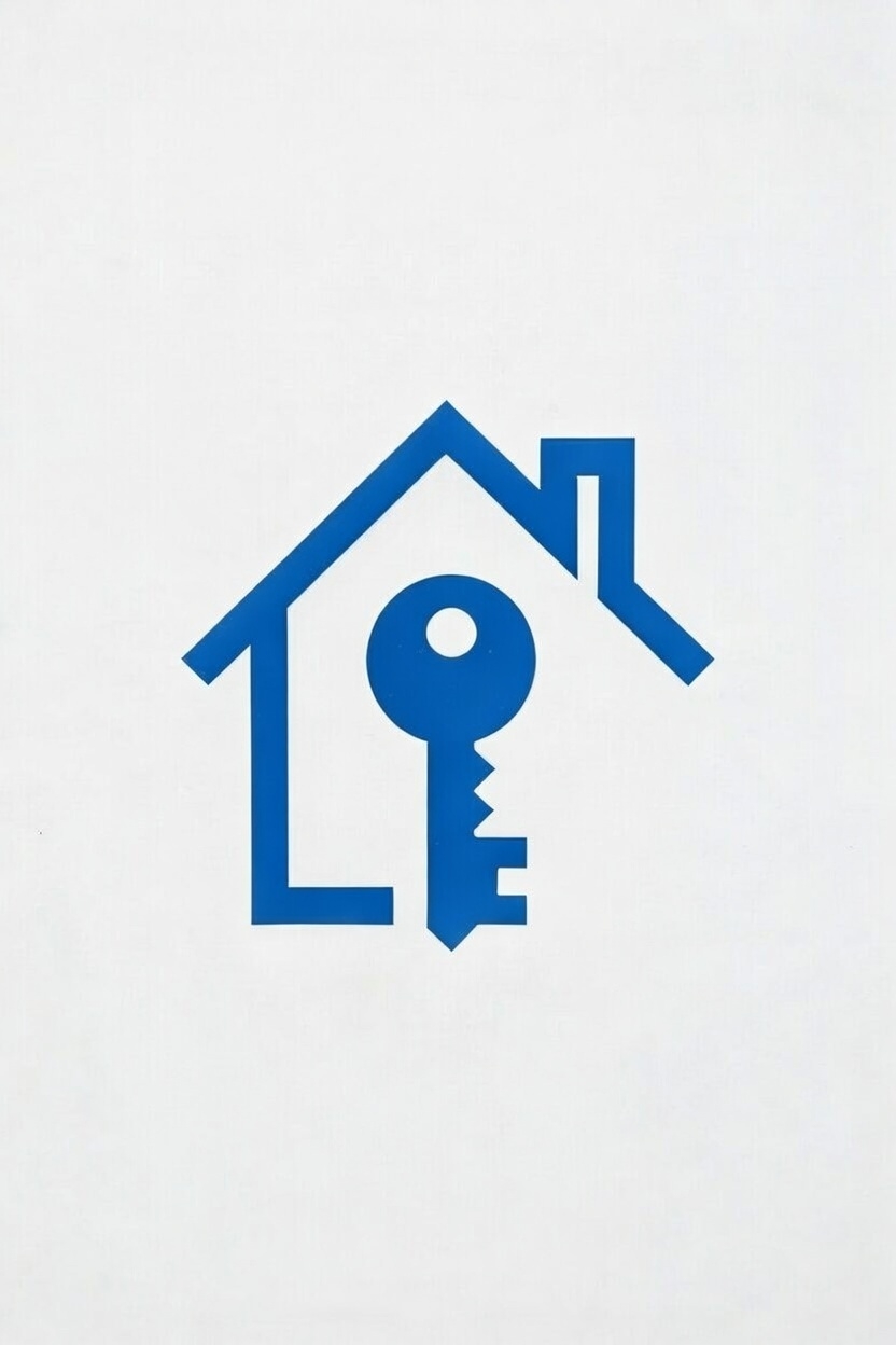 Pictogramme d’une maison avec une clé intégrée au centre, symbolisant l’hébergement, la location ou la remise de clés.