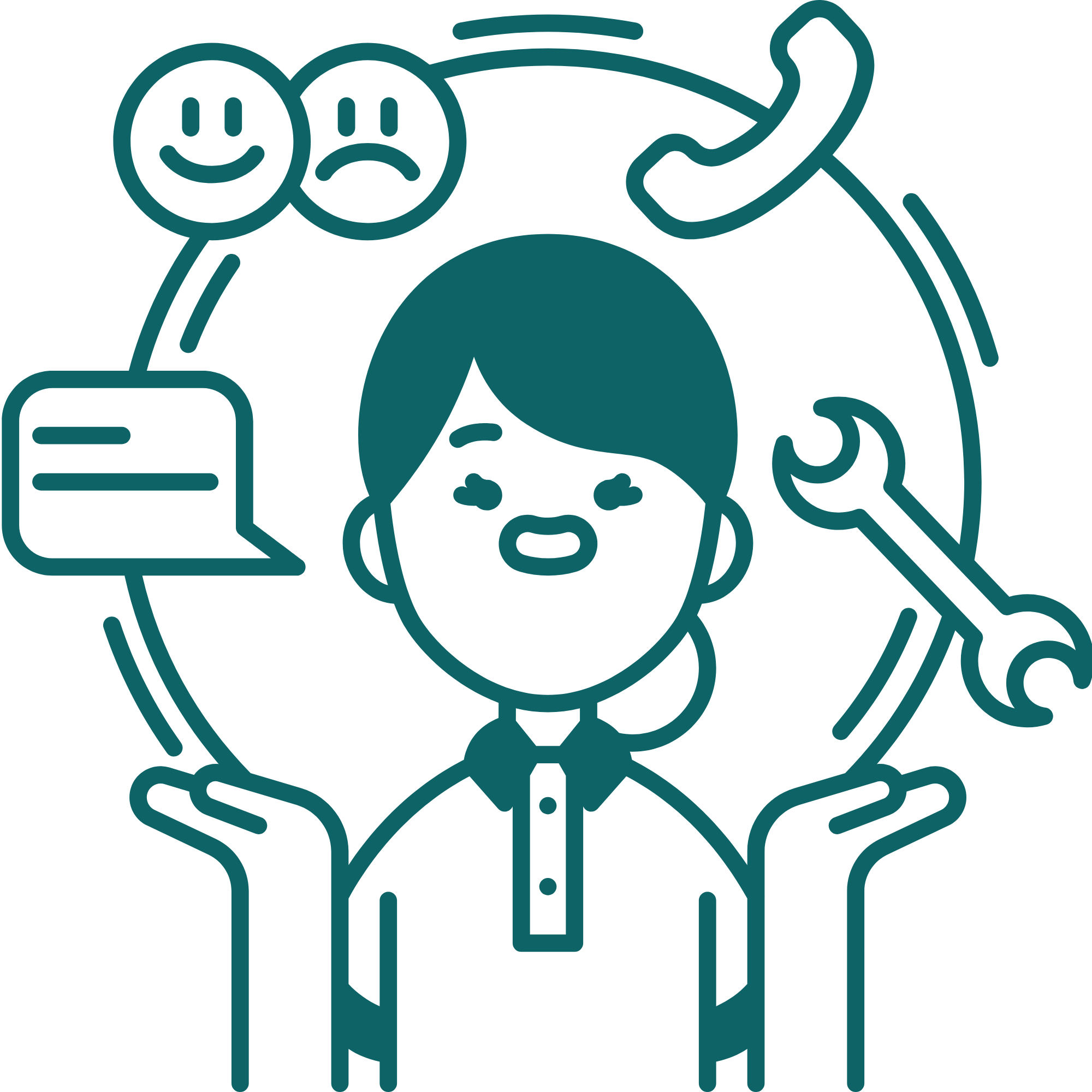 Icône stylisée représentant une personne souriante entourée de symboles de service (bulle de dialogue, téléphone, clé et outil), évoquant l’assistance, l’accompagnement ou le service client.