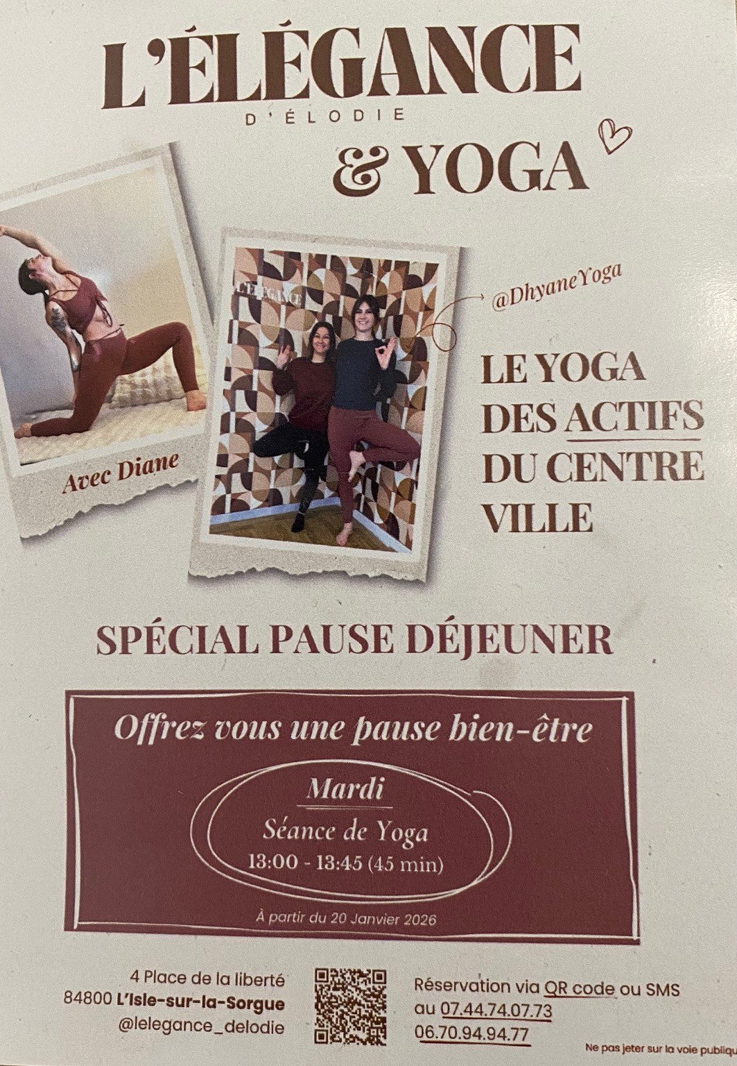 affiche partenariat entre Dhyane Yoga et Elodie pour séance de yoga le mardi à 13h