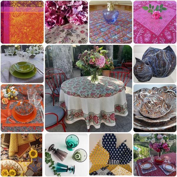 Voici des propositions de légendes courtes, dans l’ordre des visuels (de gauche à droite et de haut en bas).  Image 1 (univers maison & art de la table)  Tissus provençaux aux couleurs éclatantes  Motifs floraux délicats et intemporels  Nappes et étoffes aux imprimés traditionnels  Élégance rose et détails raffinés  Table ensoleillée aux accents du Sud  Ambiance conviviale autour d’une table fleurie  Pièces décoratives au caractère artisanal  Art de la table aux nuances chaleureuses  Collections textiles aux tons solaires  Verrerie colorée pour une table pleine de charme  Manique et textiles aux motifs provençaux  Table d’été aux couleurs de la Provence