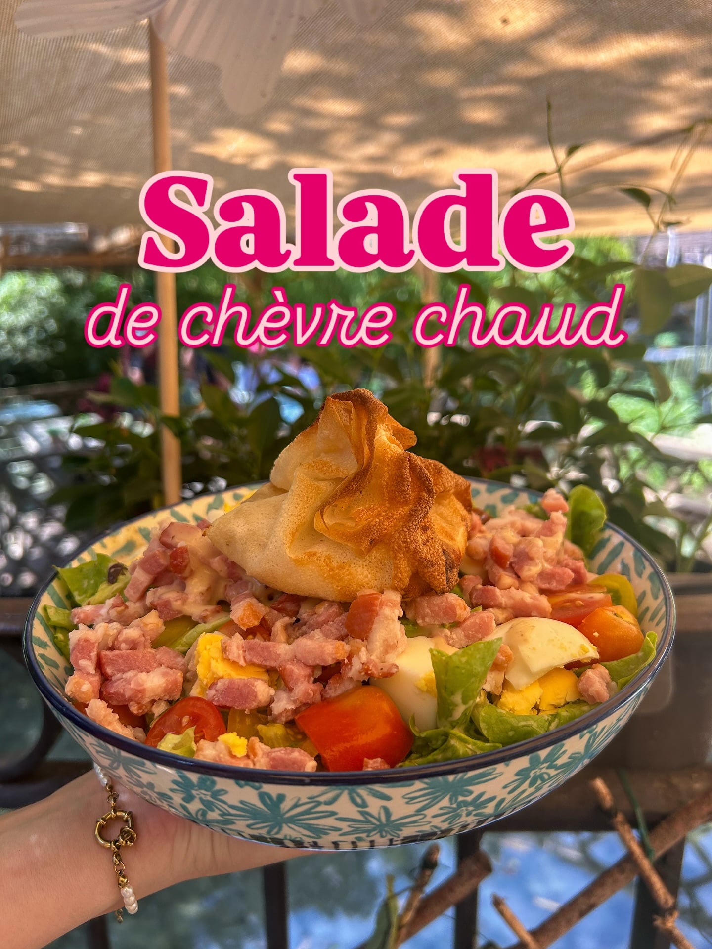 salade de chèvre chaud dans un plat creux en procelaine avec végétation en arrière plan