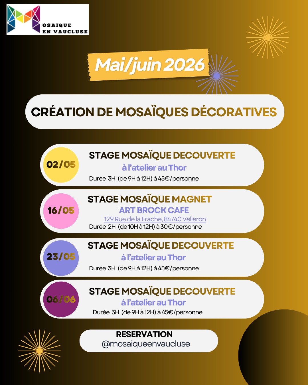 affiche dates stage sur fond moutarde