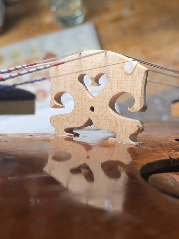 Gros plan sur un chevalet de violon fraîchement taillé et ajusté à la main dans l’atelier de Lucas Gauthier-Lurty. Cette pièce essentielle de l’instrument, sculptée avec précision dans l’érable, illustre le travail minutieux du luthier pour optimiser la transmission des vibrations et la qualité sonore du violon.