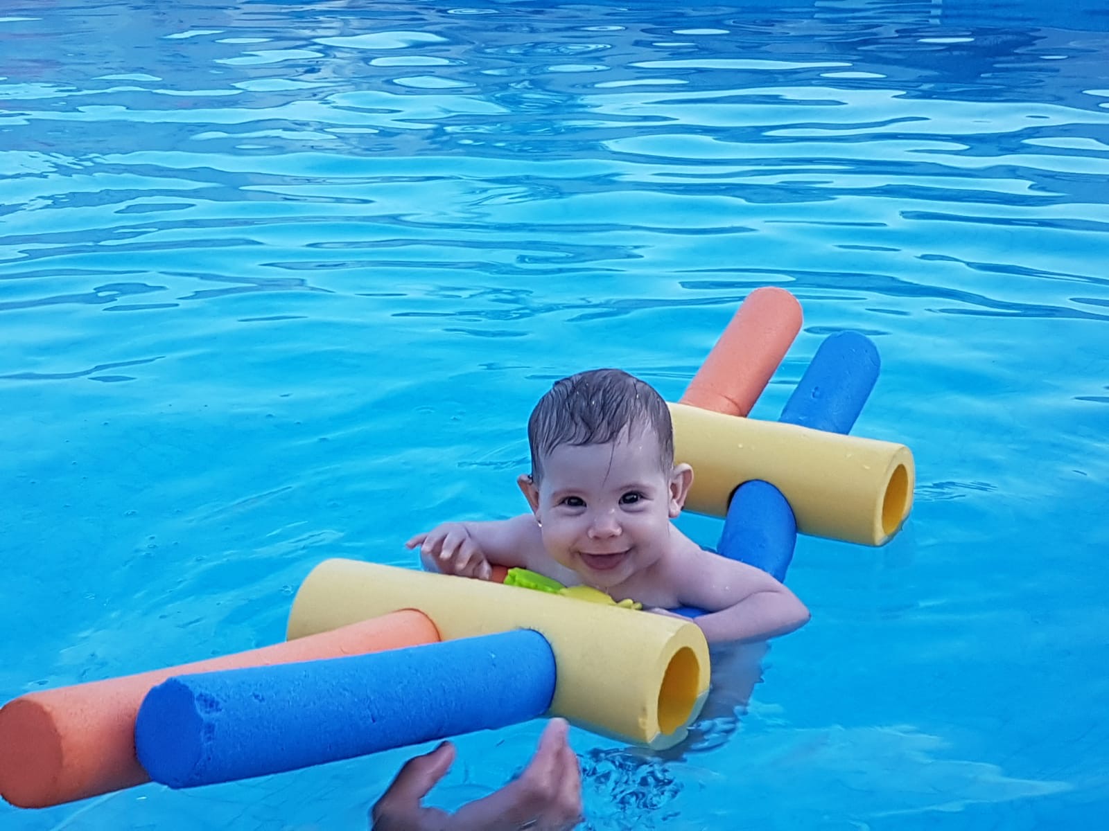 Un jeune enfant découvre les plaisirs de l'eau dans une piscine, installé sur des frites flottantes colorées. Cette activité d'éveil aquatique favorise la familiarisation avec le milieu aquatique dans un environnement ludique et sécurisé.