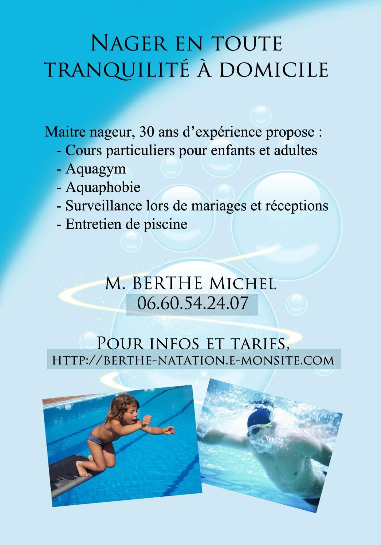 Affiche présentant les services proposés par Michel Berthe, maître-nageur à domicile : cours particuliers de natation pour enfants et adultes, aquagym, accompagnement contre l'aquaphobie et surveillance de bassin lors d'événements privés.