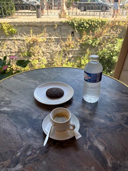 Pause café chez Orlie avec un espresso accompagné d’un biscuit, installé près d’une grande baie vitrée donnant sur la végétation et les quais de L’Isle-sur-la-Sorgue.