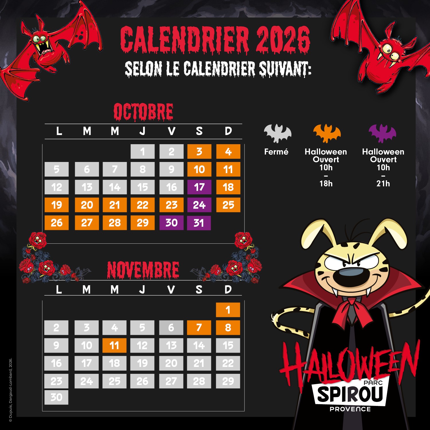 Cette affiche montre le calendrier d’ouverture du parc pour Halloween 2026. Les couleurs indiquent les jours de fermeture (gris), les ouvertures de 10 h à 18 h (orange) et les nocturnes jusqu’à 21 h (violet).