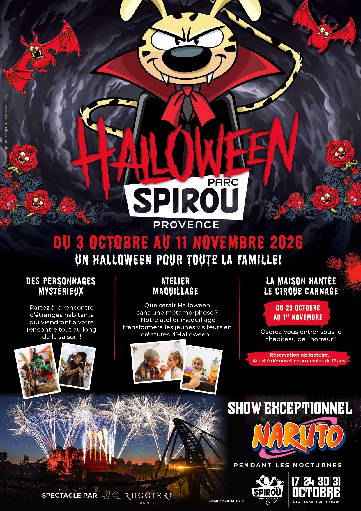 Cette affiche présente les animations d’Halloween au Parc Spirou Provence, du 3 octobre au 11 novembre 2026. On y voit un personnage déguisé en vampire, des chauves-souris et les activités proposées : maquillage, maison hantée et spectacles.