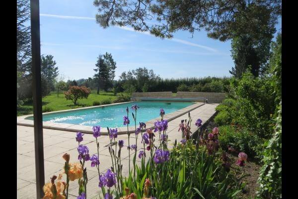 une piscine d'extérieir bordé d'un jardin coloré