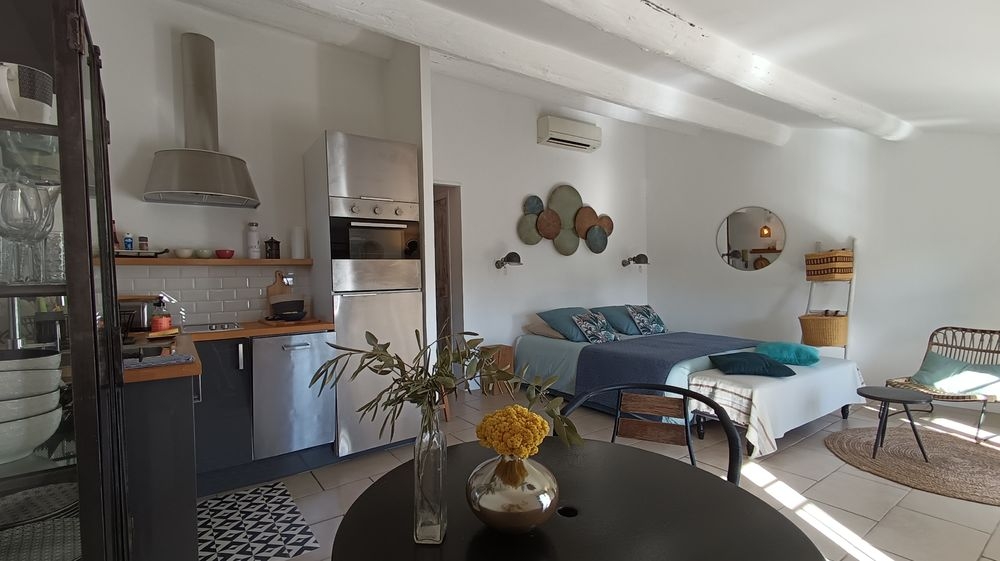 vue d'ensemble sur la l'espace chambre, cuisine et salle à manger