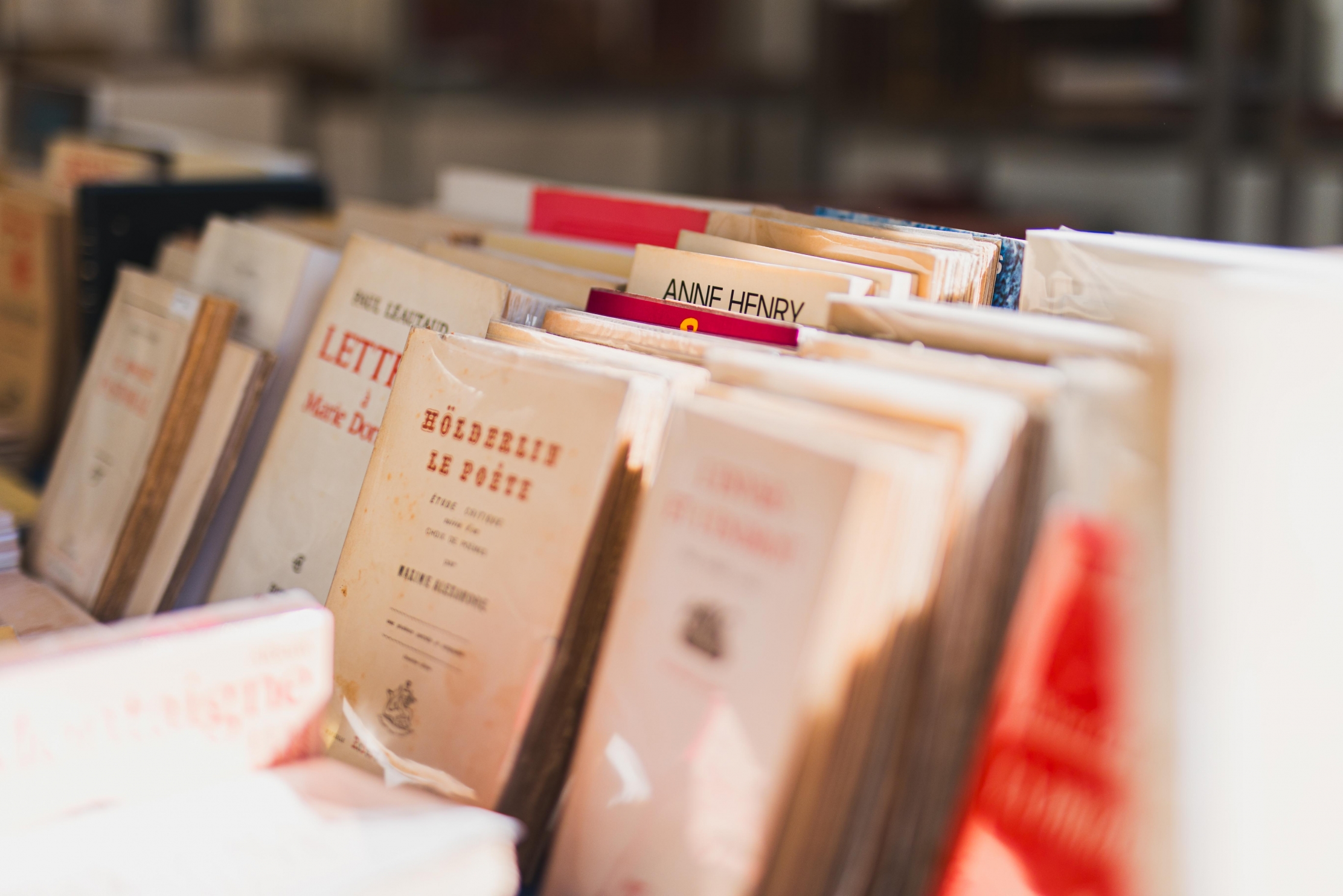 Une rangée de livres anciens aux couvertures claires et légèrement abîmées, posés sur une étagère ou une table, avec les titres partiellement visibles.