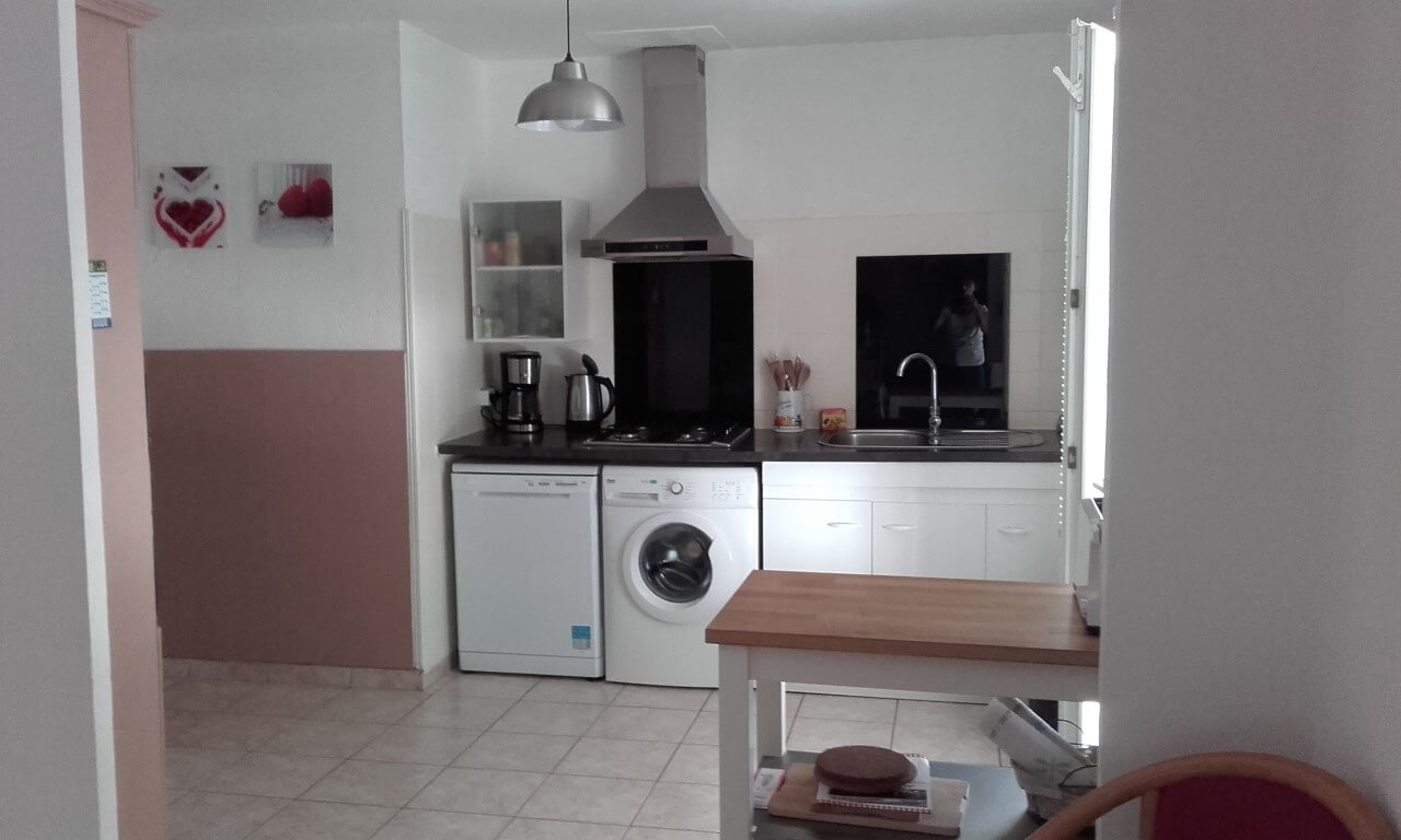 vue de la cuisine avec la machine à laver le linge et le lave-vaisselle