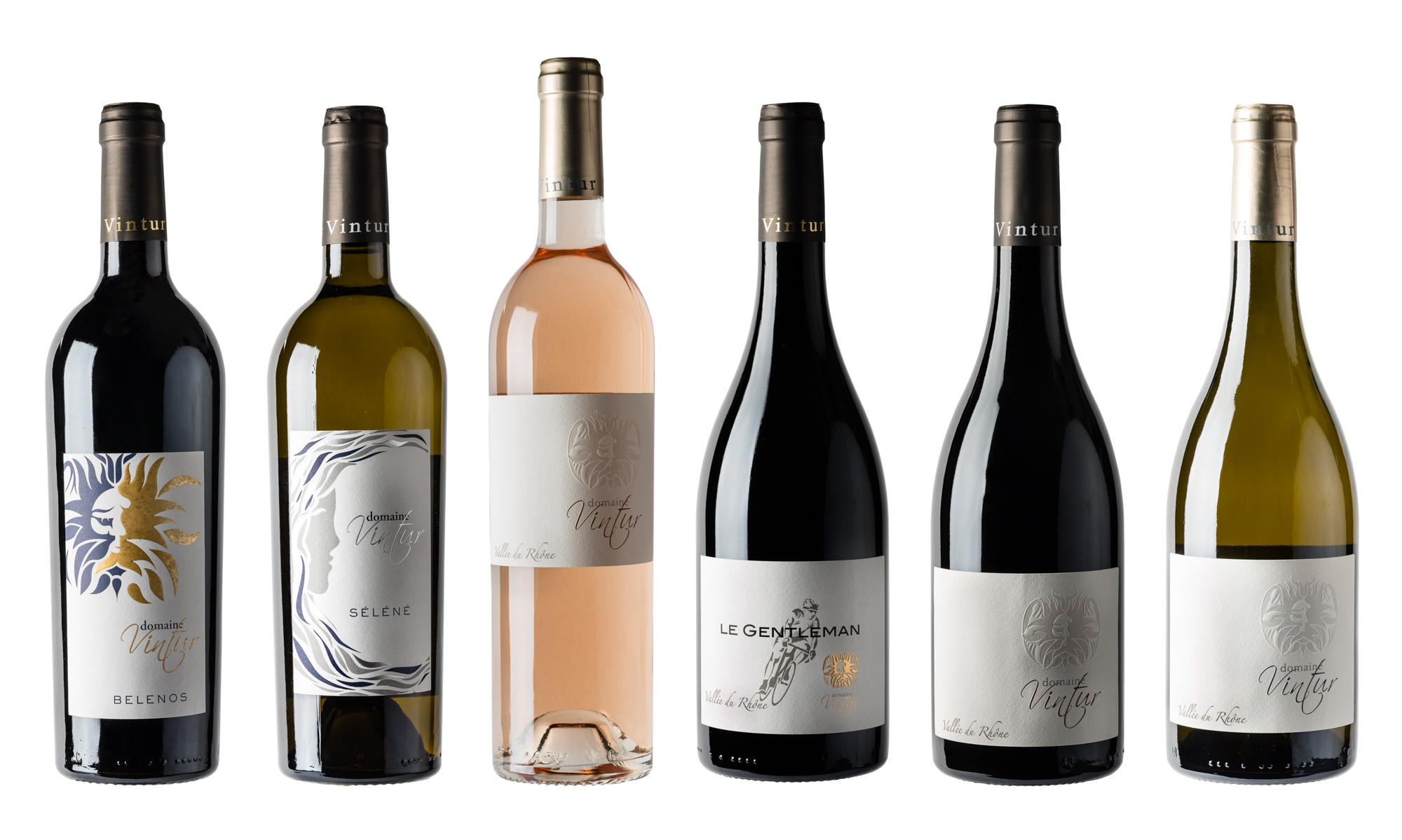 Six bouteilles de vin du Domaine Vintur sont alignées sur un fond blanc. Elles incluent des vins rouges, rosés et blancs, avec des étiquettes aux designs variés, dont certaines présentent des motifs dorés ou des visages stylisés.
