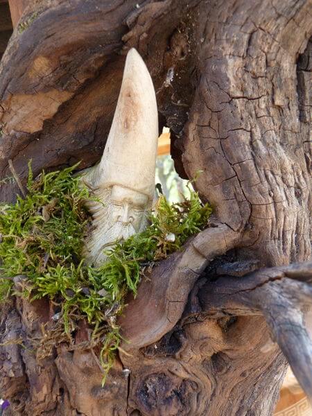 sculpture d'un personnage type nain de jardin en bois clair caché dans le tronc d'un arbre