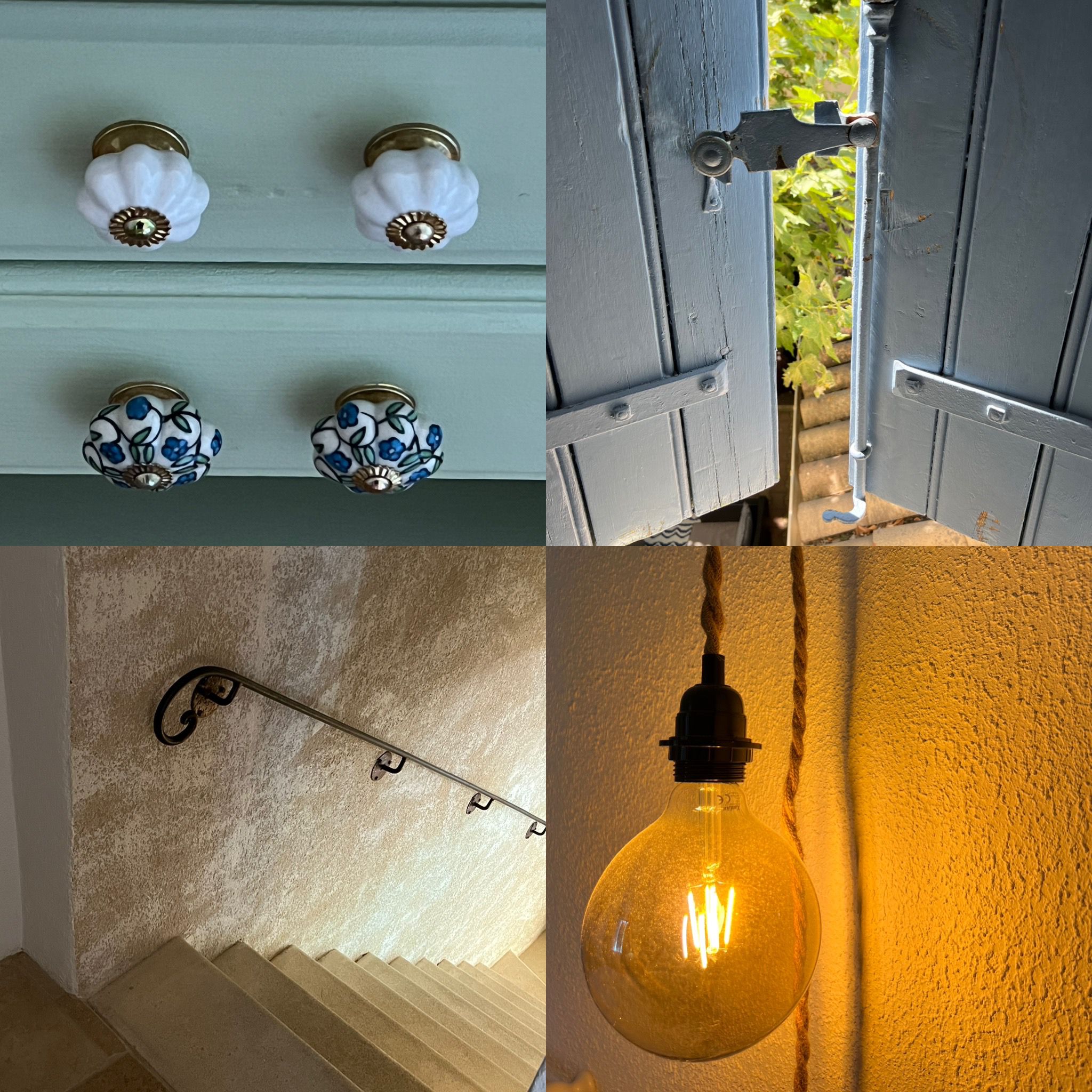 Une vue en mosaïque de quatre images : deux poignées de tiroir décoratives, un volet bleu entrebâillé, une rampe d'escalier métallique et une ampoule suspendue.
