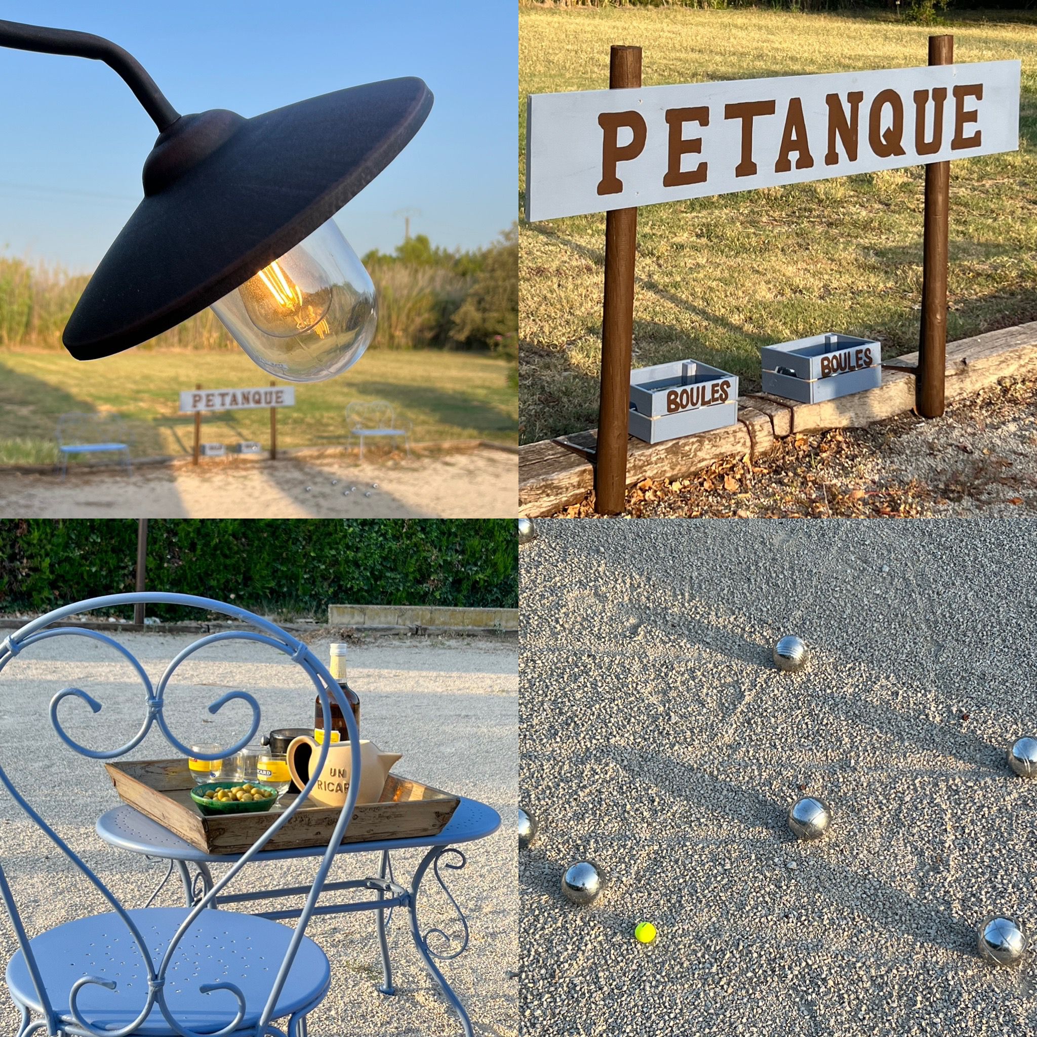 Une mosaïque de quatre photos montrant des scènes de pétanque : un panneau "PÉTANQUE", des boîtes à boules, une table d'extérieur avec des boissons, et des boules sur un terrain de gravier.