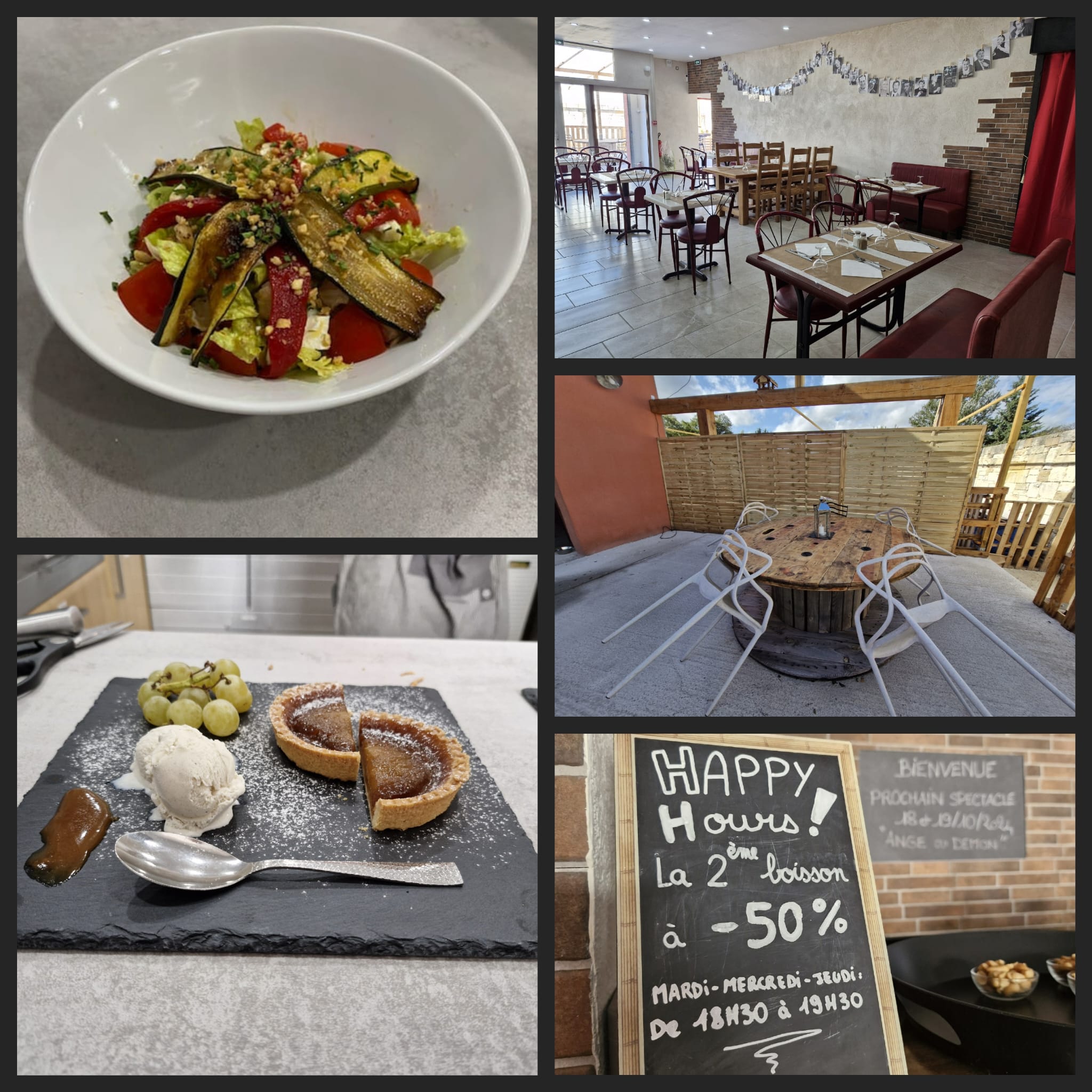 Cinq photos : un plat de salade avec des courgettes grillées, l'intérieur d'un restaurant avec des tables et des chaises, un patio extérieur avec des tables et des chaises, une ardoise indiquant la tenue d'Happy Hours, et un dessert avec une tartelette, de la glace et des fruits.