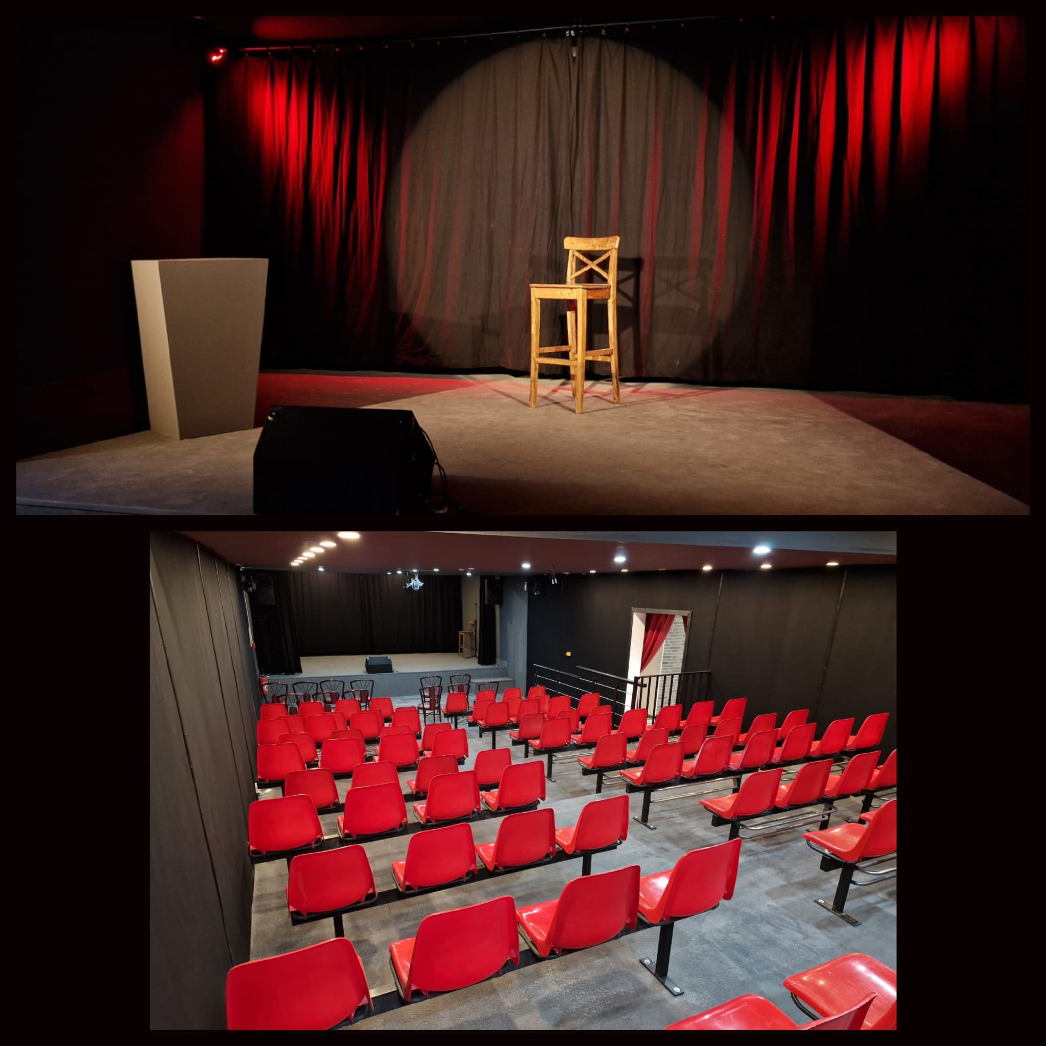 Deux images d'une salle de spectacle : en haut, une scène avec un tabouret en bois sous un projecteur, et en bas, une vue d'ensemble de la salle avec des rangées de sièges rouges.
