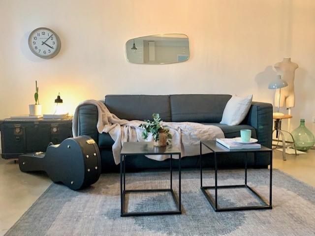 salon design avec un étui de guitare déposé sur la droite du canapé